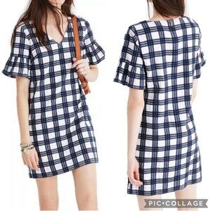 NWT Madewell Leighton Bell Sleeve Dress Navy White Plaid Size 6